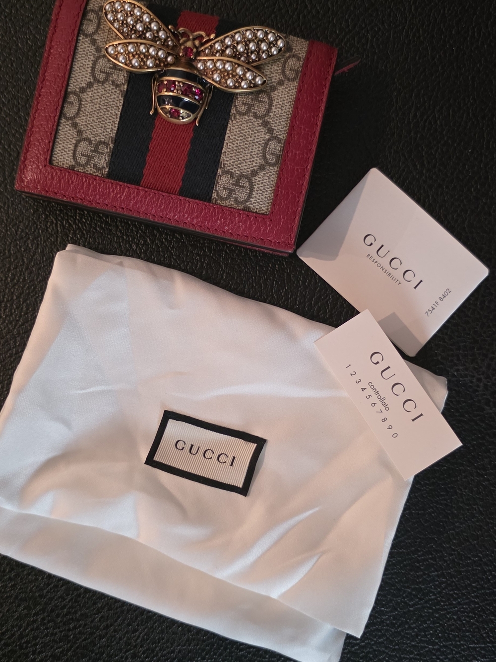 Gucci Bee Appliqué GG Card Case Wallet in Red Trim